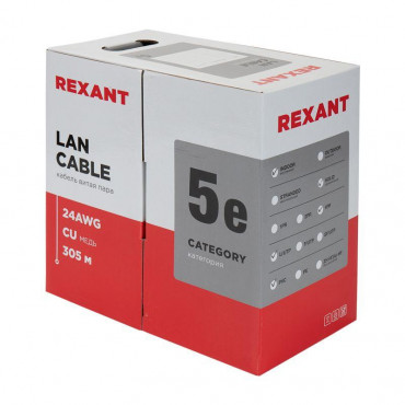 Кабель витая пара U/UTP 4х2х24AWG кат.5E solid CU PVC сер. (м) Rexant 01-0043