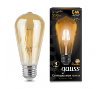 Лампа светодиодная филаментная Filament 6Вт ST64 2400К тепл. бел. E27 550лм golden GAUSS 102802006