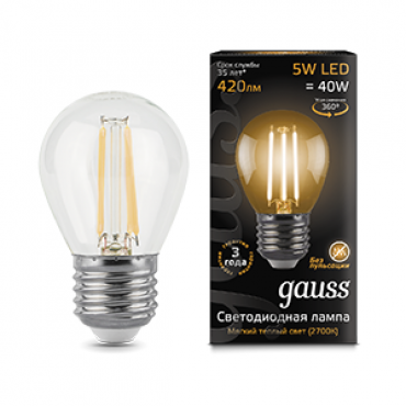 Лампа светодиодная филаментная Filament 5Вт шар 2700К тепл. бел. E27 420лм GAUSS 105802105